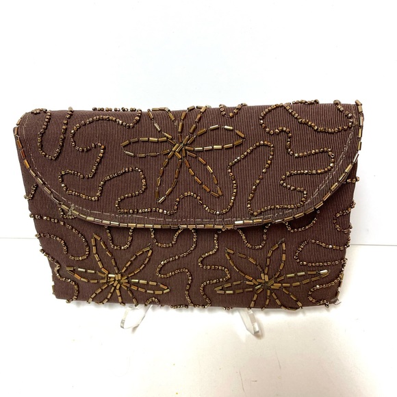 Handbags - Vintage brown beaded clutch bag